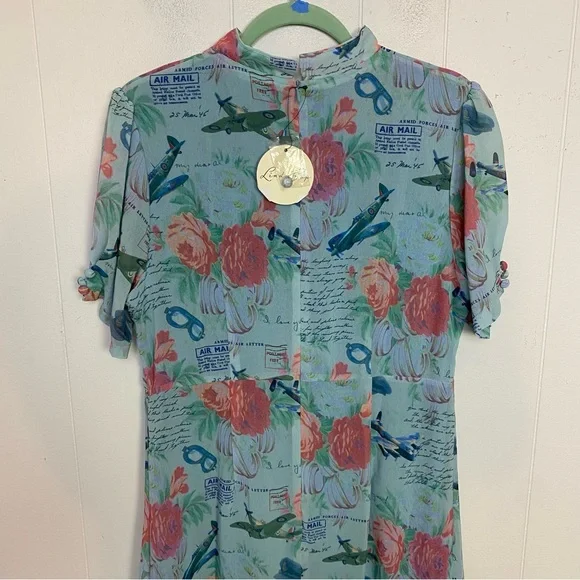 NWT Lindy Bop Retro Amelia Dress Mint Planes Floral Size US 12 Love Letters Blue - Picture 11 of 16